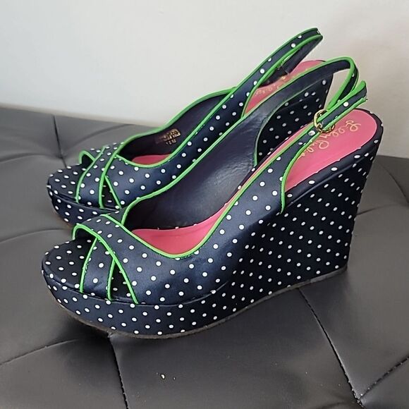 Lilly Pulitzer Polka Dot Wedge Peep Toe Sandals Navy White - Picture 6 of 11